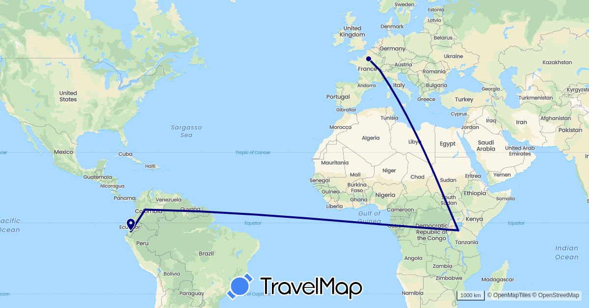 TravelMap itinerary: driving in Switzerland, Colombia, Ecuador, France, Tanzania (Africa, Europe, South America)
